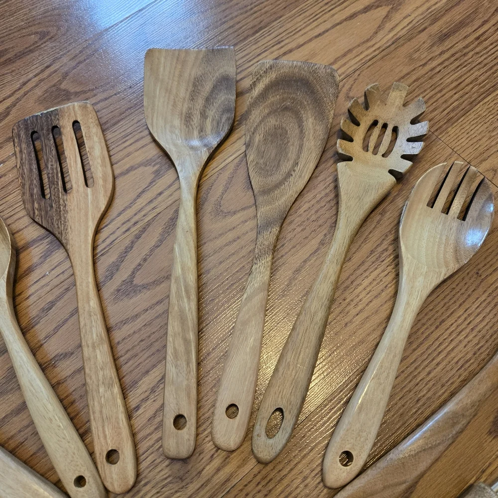 10 Pack Wooden Spoons for Cooking Teak Wood Kitchen Utensils Set Natural Boho